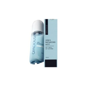 Opacious Aqua Balancing Mist bottle next to its light blue box; skincare facial mist for balance and hydration (100 ml)